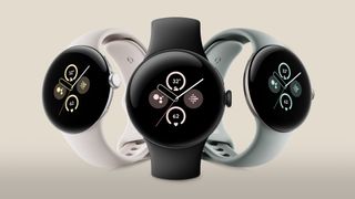 Google Pixe Watch 2 in three colors on a cream background