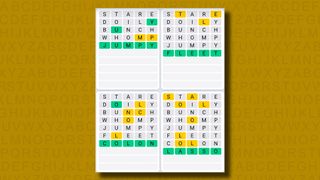 Quordle daily sequence answers for game 850 on a yellow background
