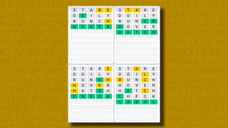 Quordle daily sequence answers for game 848 on a yellow background