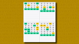 Quordle daily sequence answers for game 849 on a yellow background