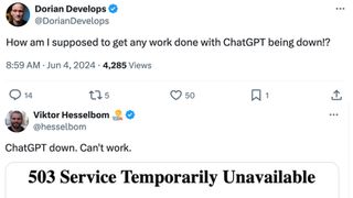 Two posts on X (formerly Twitter) about the ChatGPT outage in June 2024