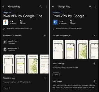 Screenshots from Google Play App store of VPN by Google One vs Pixel VPN by Google (rebranding)