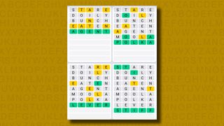 Quordle daily sequence answers for game 886 on a yellow background