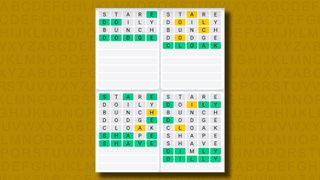 Quordle daily sequence answers for game 875 on a yellow background