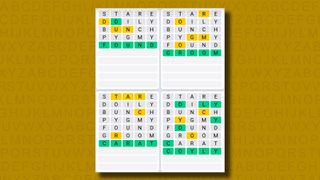 Quordle daily sequence answers for game 873 on a yellow background