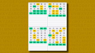 Quordle daily sequence answers for game 867 on a yellow background