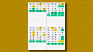 Quordle daily sequence answers for game 871 on a yellow background