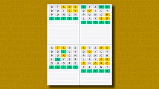 Quordle daily sequence answers for game 885 on a yellow background