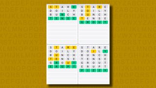 Quordle daily sequence answers for game 864 on a yellow background
