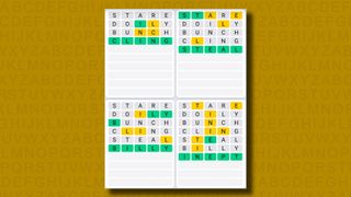 Quordle daily sequence answers for game 884 on a yellow background