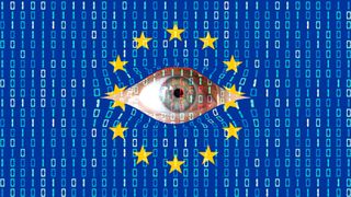 The eyes of Big Brother is watching secretly from behind the digital curtain of the EU flag