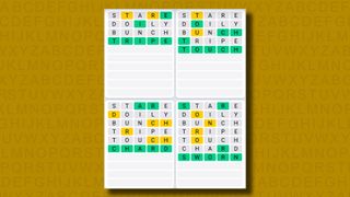 Quordle Daily Sequence answers for game 916 on a yellow background