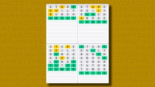 Quordle daily sequence answers for game 890 on a yellow background