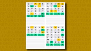 Quordle Daily Sequence answers for game 929 on a yellow background