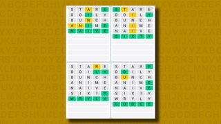 Quordle daily sequence answers for game 944 on a yellow background