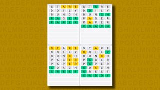 Quordle Daily Sequence answers for game 927 on a yellow background