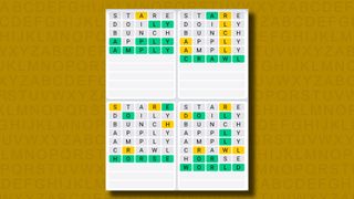 Quordle Daily Sequence answers for game 973 on a yellow background