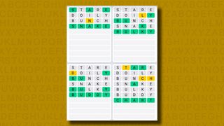 Quordle Daily Sequence answers for game 980 on a yellow background