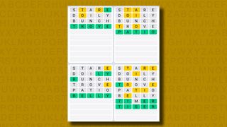 Quordle Daily Sequence answers for game 957 on a yellow background