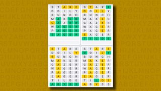 Quordle Daily Sequence answers for game 979 on a yellow background