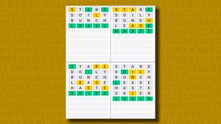 Quordle Daily Sequence answers for game 969 on a yellow background