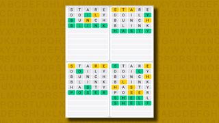 Quordle Daily Sequence answers for game 955 on a yellow background