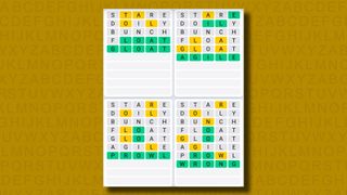 Quordle Daily Sequence answers for game 954 on a yellow background