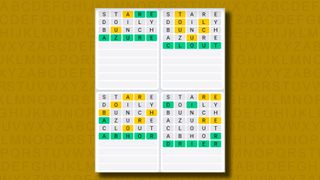 Quordle daily sequence answers for game 998 on a yellow background