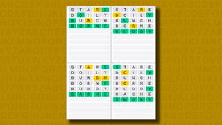 Quordle Daily Sequence answers for game 994 on a yellow background