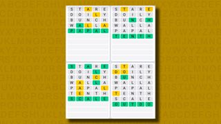 Quordle Daily Sequence answers for game 999 on a yellow background