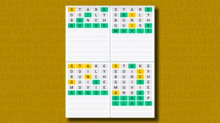 Quordle Daily Sequence answers for game 1004 on a yellow background