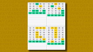 Quordle Daily Sequence answers for game 1002 on a yellow background