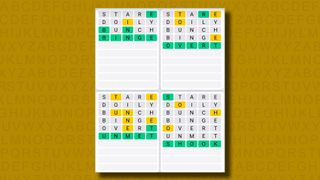 Quordle Daily Sequence answers for game 988 on a yellow background