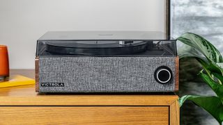 Victrola Eastwood LP on a wooden sideboard