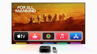 Apple TV 4K with TV showing Apple TV Plus interface