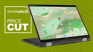 The Acer Chromebook Spin 714 on a green background with the text 'PRICE CUT'.