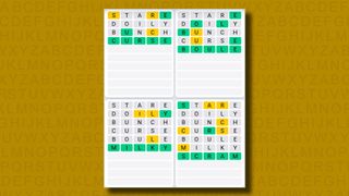 Quordle Daily Sequence answers for game 1040 on a yellow background