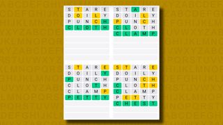 Quordle Daily Sequence answers for game 1035 on a yellow background