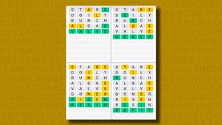 Quordle Daily Sequence answers for game 1034 on a yellow background