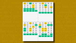 Quordle Daily Sequence answers for game 1028 on a yellow background