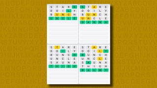 Quordle Daily Sequence answers for game 1038 on a yellow background