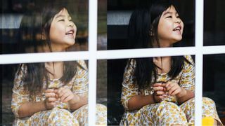 Two photos of a girl behind a window, one with reflections removed with Photoshop