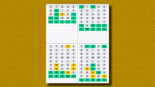 Quordle Daily Sequence answers for game 1048 on a yellow background