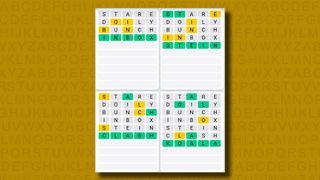 Quordle Daily Sequence answers for game 1042 on a yellow background