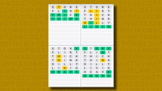 Quordle Daily Sequence answers for game 1068 on a yellow background