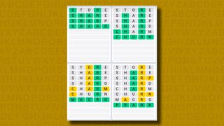 Quordle Daily Sequence answers for game 1056 on a yellow background