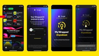 Four phones on a yellow background showing the Spotify Wrapped 2024 AI podcast feature