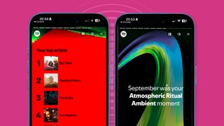 Two phones on a pink background showing Spotify Wrapped 2024