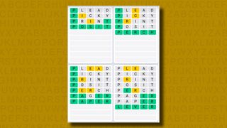 Quordle Daily Sequence answers for game 1097 on a yellow background