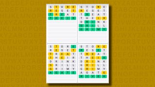 Quordle Daily Sequence answers for game 1084 on a yellow background